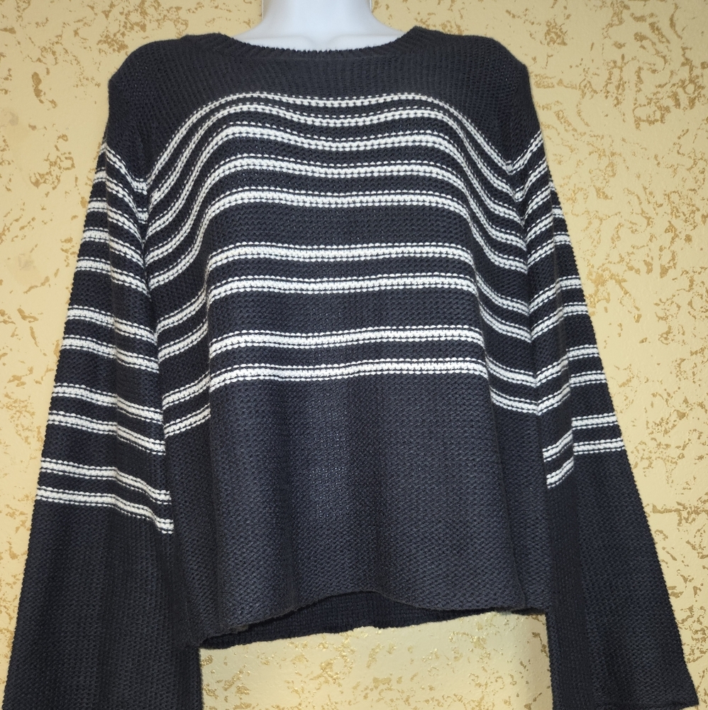 Aqua Charcoal and Cream Striped Cowl Sweater